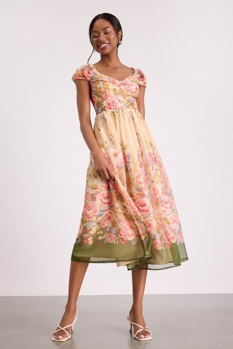 NWT Lulus Celosia Peach Multi Floral Cap Sleeve Midi Dress Size S
